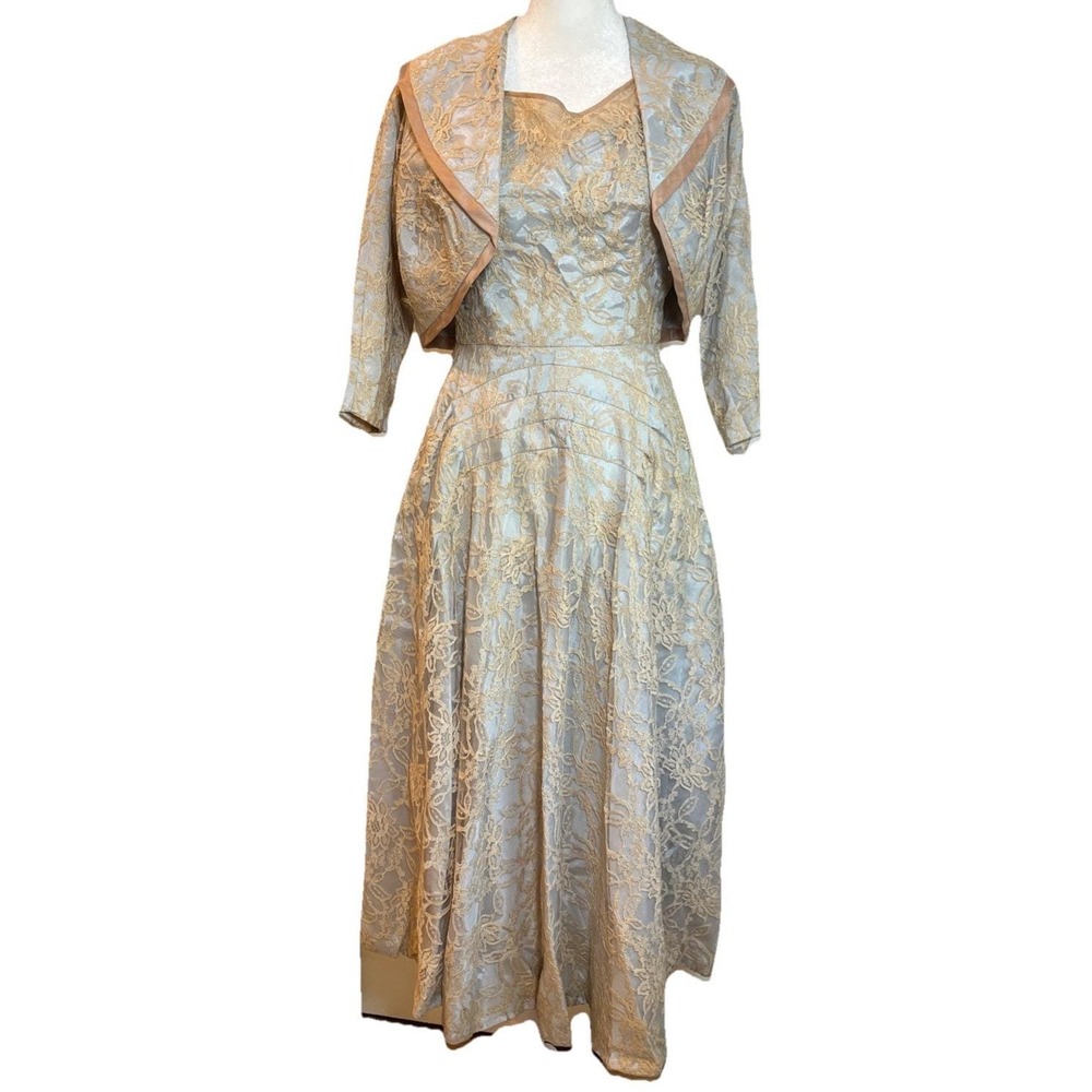 Vintage 50's Claudia Young 2 Pc Pink‎ Lace & Satin Bridal Fit & Flared Dress XS